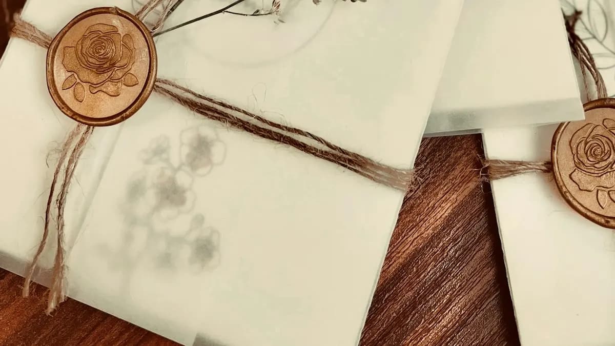 Cream wedding invitation envelopes tied with twine and sealed with bronze wax seals