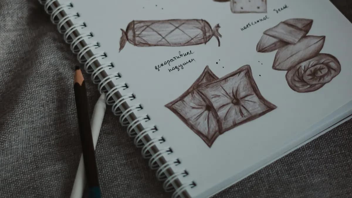 Pencil sketches of pillow shapes in a spiral notebook on a grey cloth