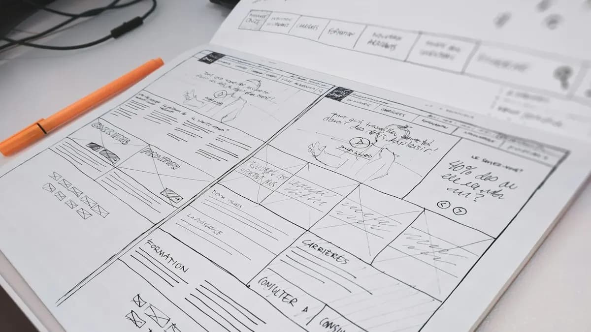 Hand-drawn website wireframe sketch on paper with an orange pen on a desk