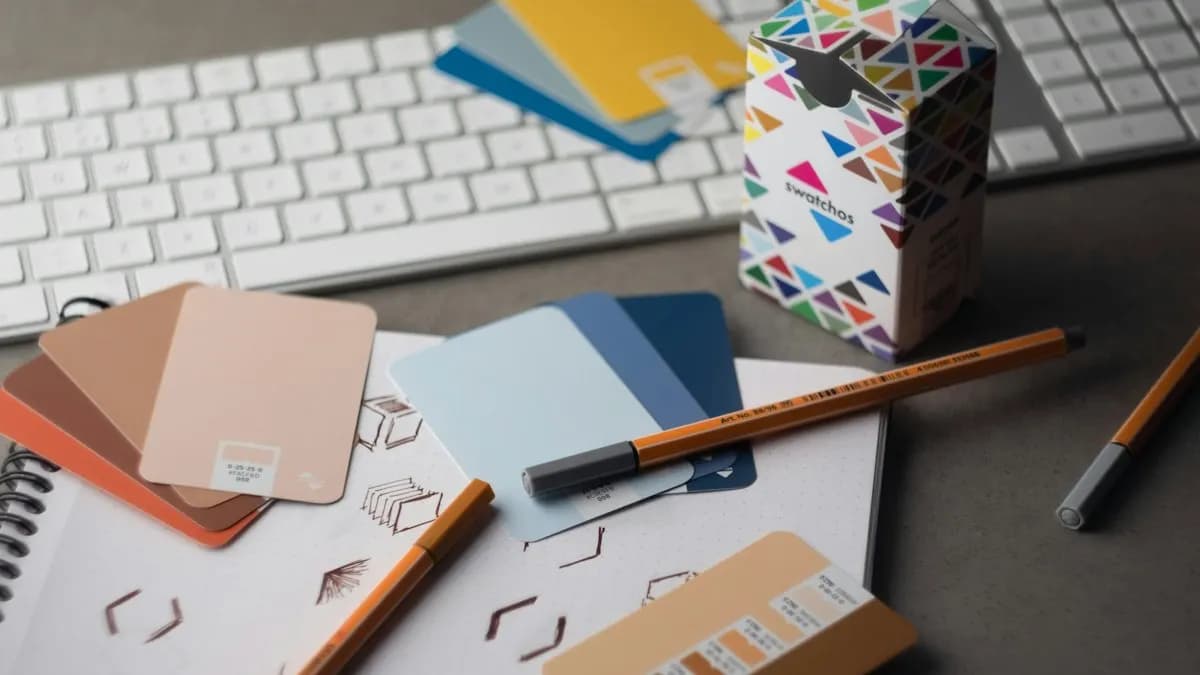 Colour swatch cards, pencils and a patterned box on a designer's desk next to a keyboard