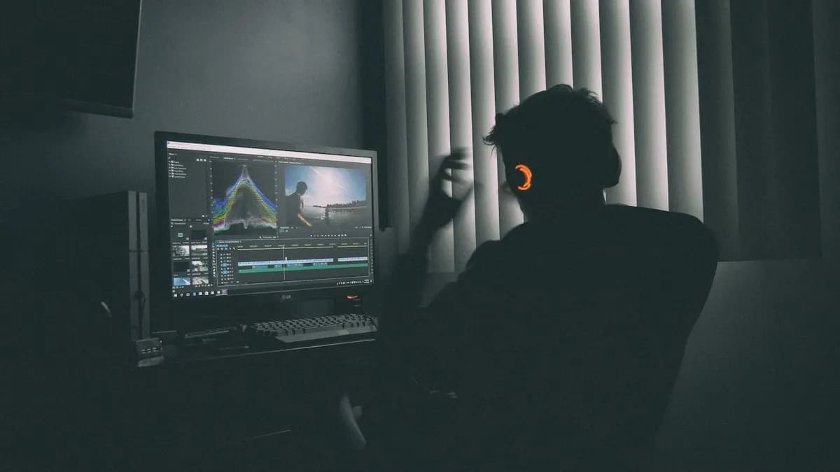Video editor with headphones working on an AI video ad edit in a dark studio