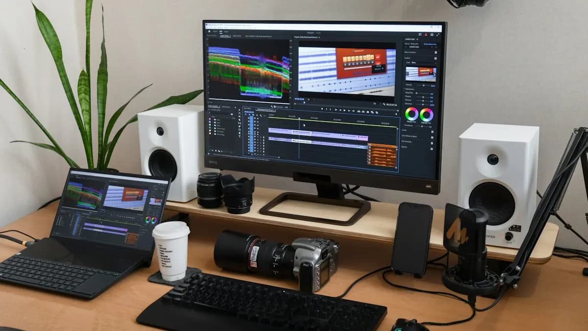 Video editing desk with a large monitor showing a timeline, studio speakers, cameras and a laptop