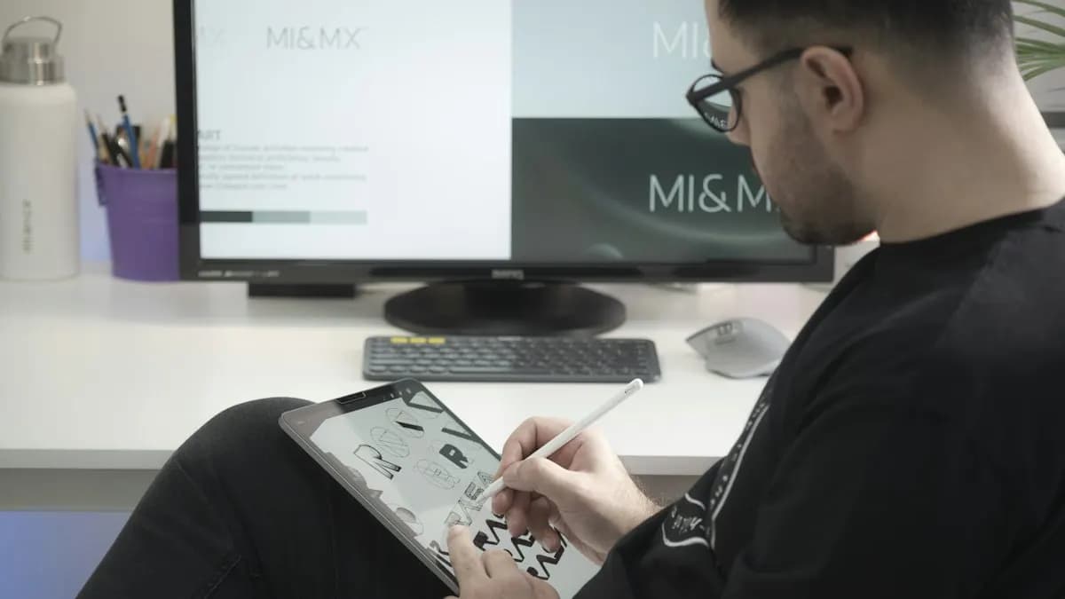 Graphic designer sketching on a tablet with a stylus in front of a desktop monitor