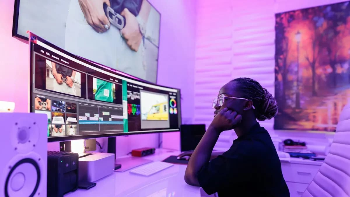 Video editor wearing headphones working on a wide curved monitor showing an editing timeline