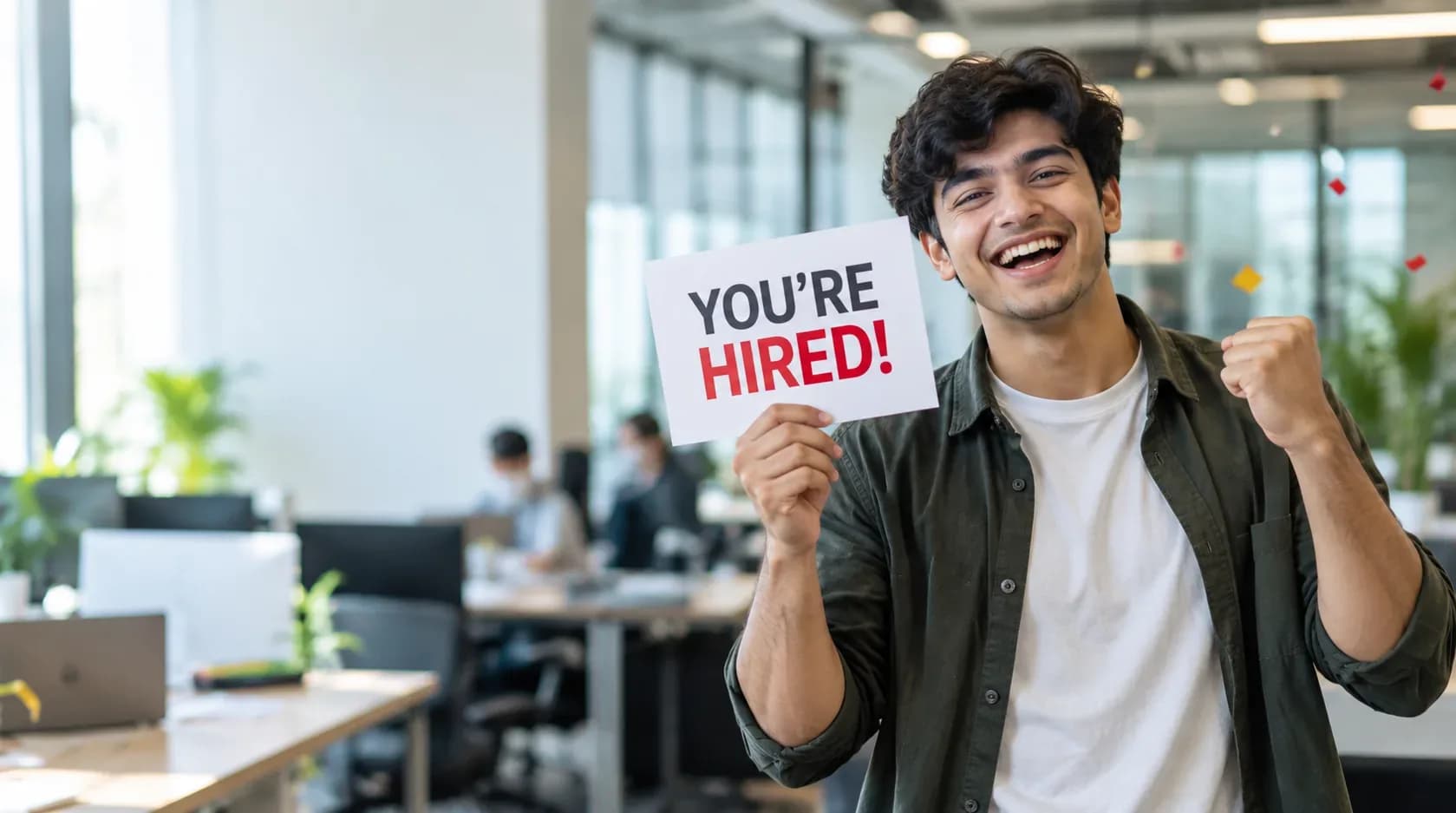 CABA student celebrating his first job, holding a You're Hired sign in an office