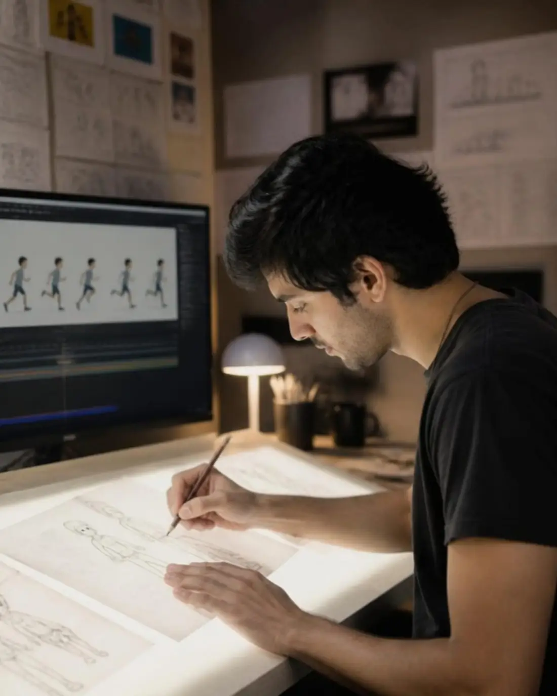 Animation student sketching key poses on a light desk