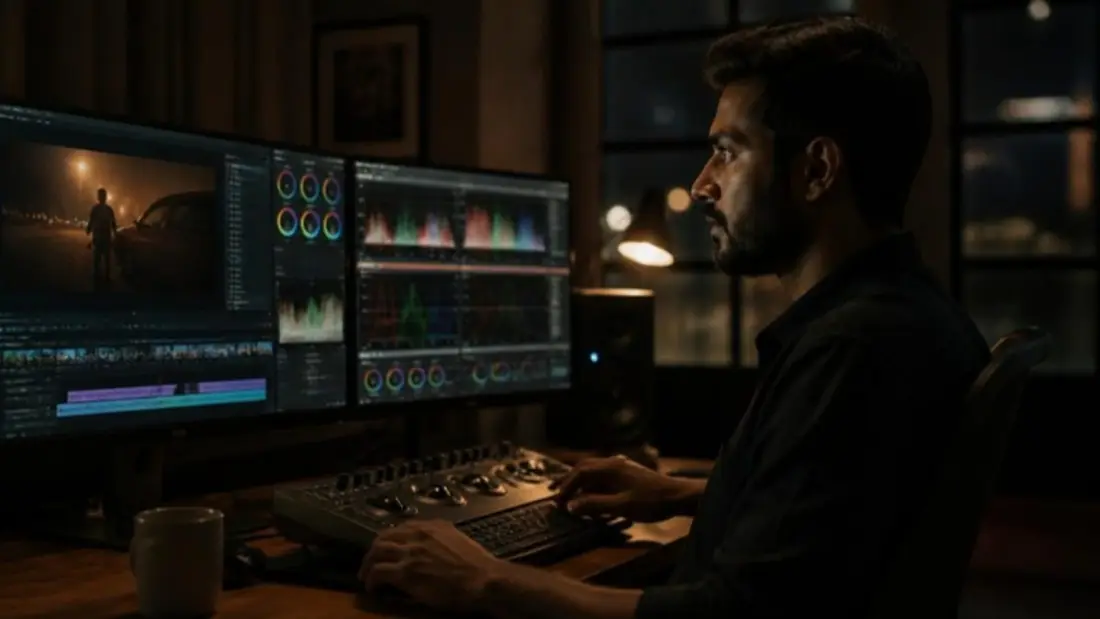 Video editor colour grading a film