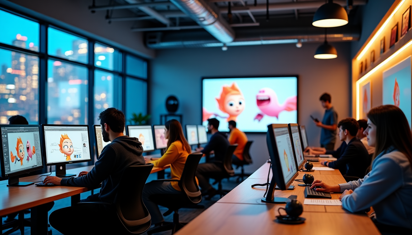 Students working on animation projects in a professional studio environment