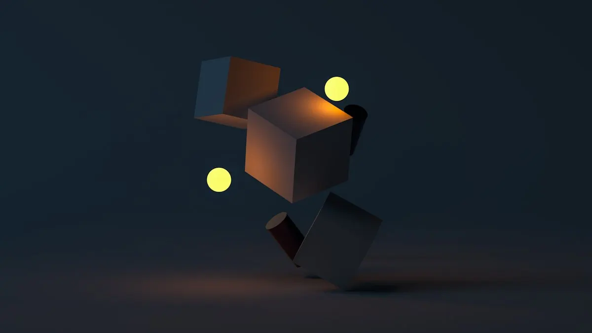 Simple 3D cubes and two glowing spheres floating on a dark background, an example of a 3D motion graphics scene