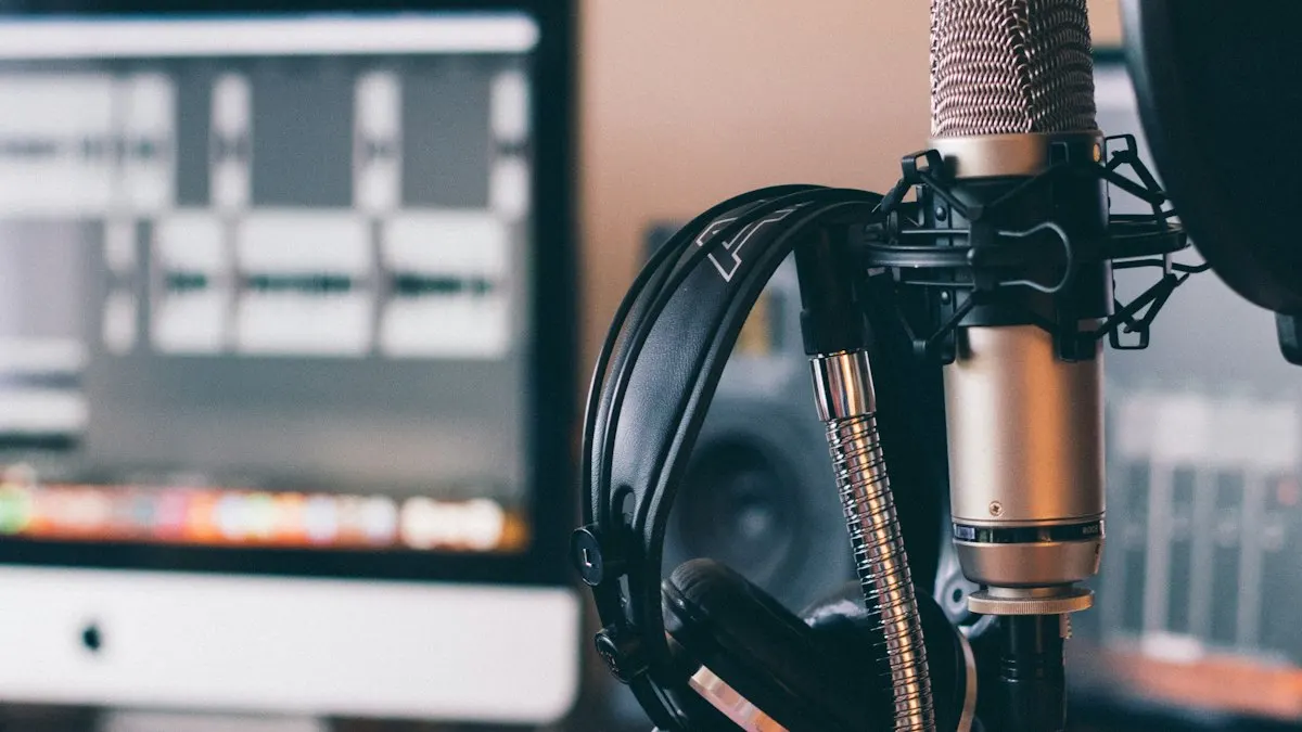 Studio microphone with headphones hanging on it in front of a monitor showing an audio editing timeline
