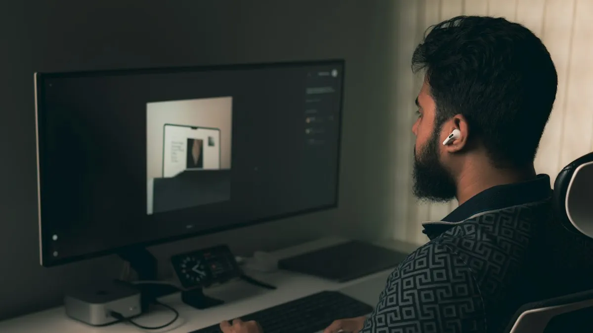 Motion designer working at a large monitor at his desk in a dim room