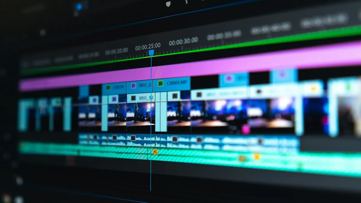 Colourful layered timeline of an animation project on a dark editing screen