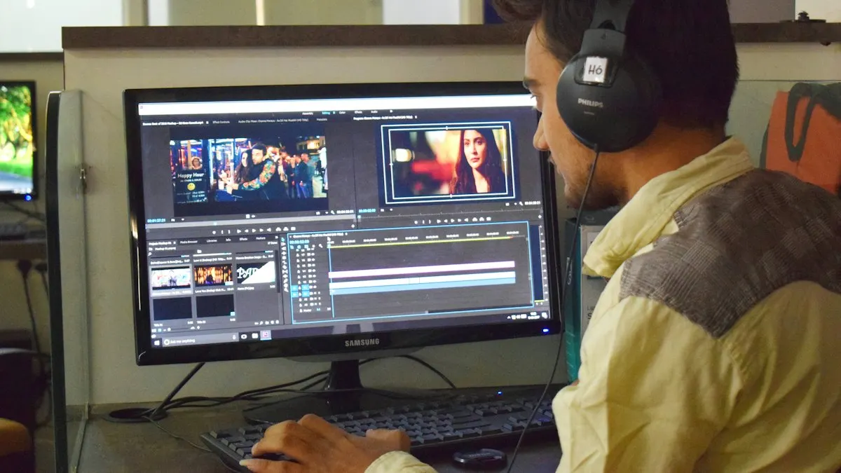 Young editor wearing headphones working on a video project at a desktop monitor