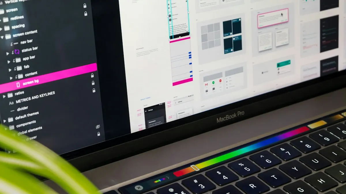 Laptop screen showing a design app interface with layers and panels on a desk