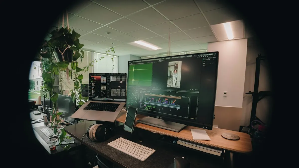Editing workstation with two monitors showing a video timeline in a bright office