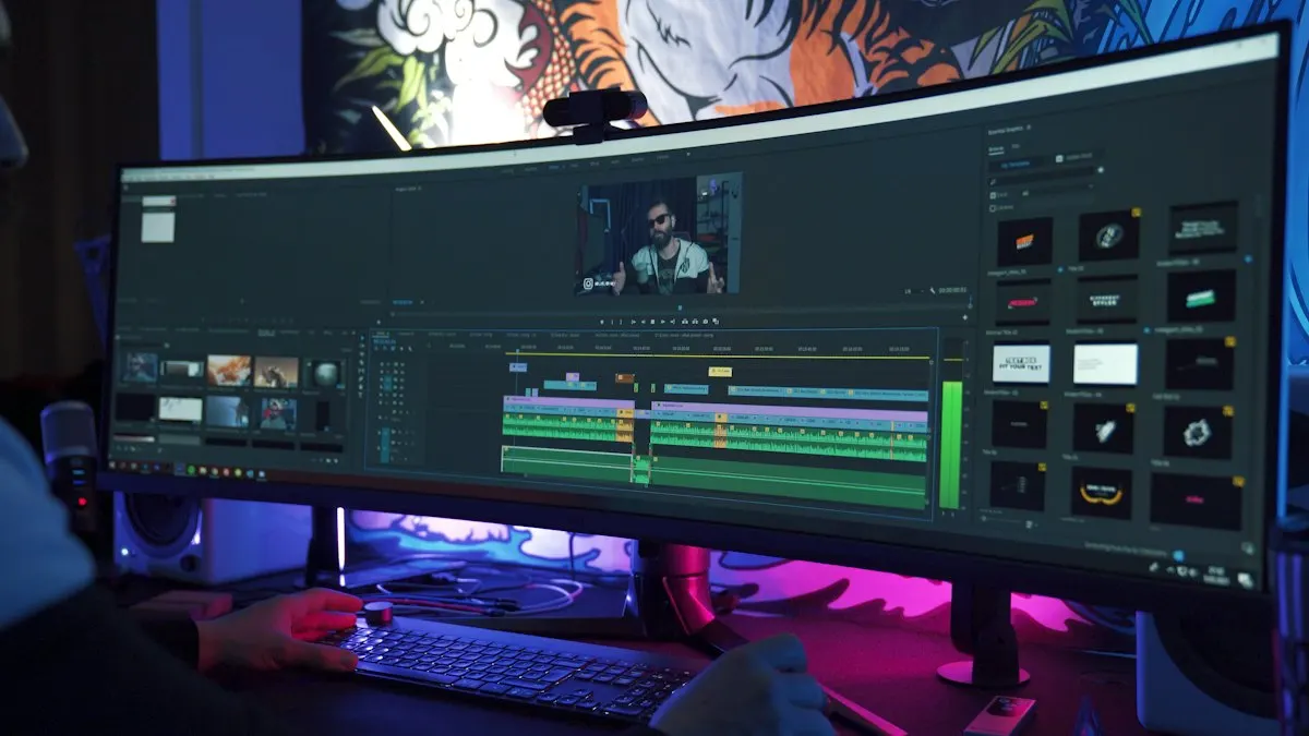 Wide curved monitor showing an editing timeline with coloured clips, keyboard lit below for fast shortcut work