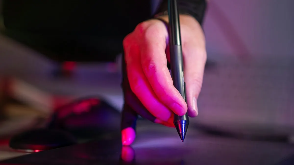 Hand holding a digital pen over a glowing screen during an AI graphic design course practice