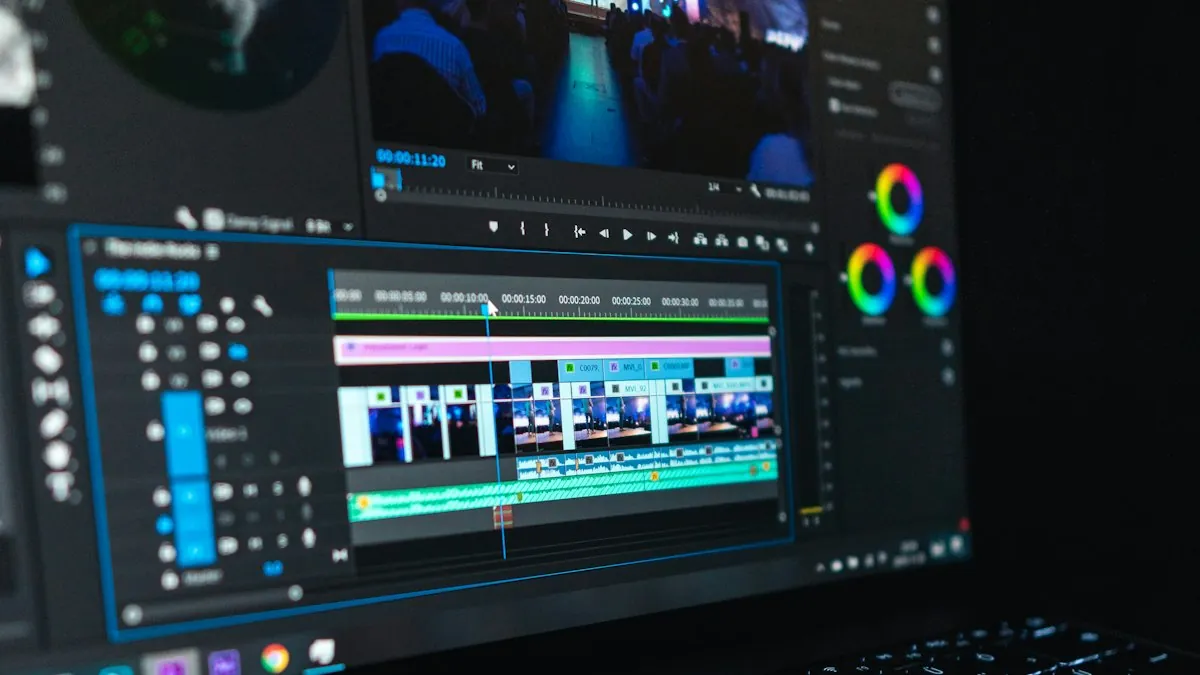 Close-up of an editing software interface with colour wheels and a multi-track timeline