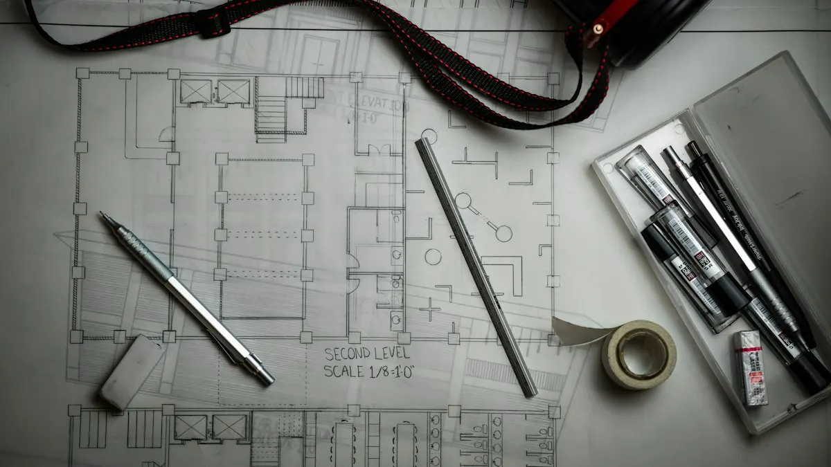 Printed interior floor plan blueprints with drafting pencils and a metal ruler on a desk