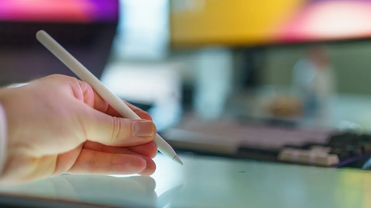 Hand holding a digital stylus over a tablet while practising graphic design