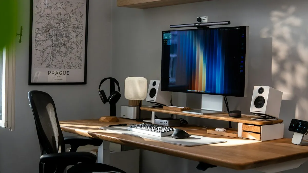 Home office desk with a large monitor, speakers and a lamp set up for graphic design work