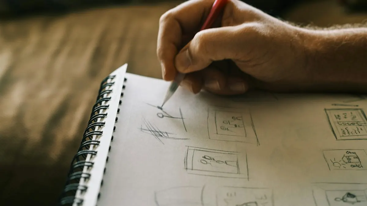 Hand sketching website and layout wireframes in a spiral notebook with a pencil