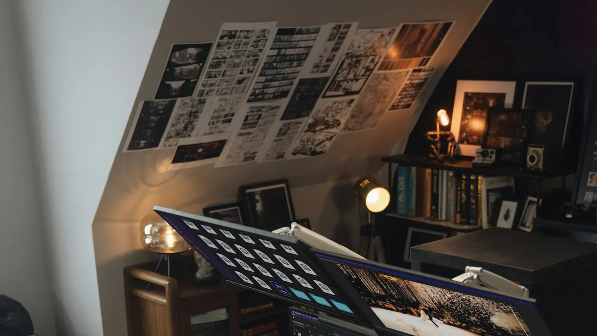 Editing room wall covered with printed photo frames planned for a video, next to a monitor