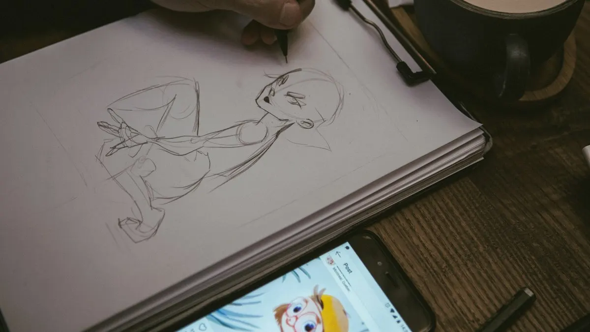 Pencil sketch of a cartoon character in a sketchbook beside a tablet showing the same drawing in colour