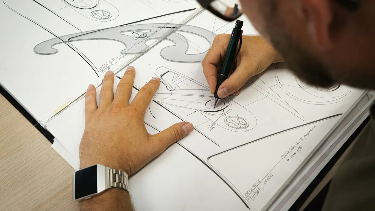 Hands sketching layout ideas on paper before working on a graphic design brief