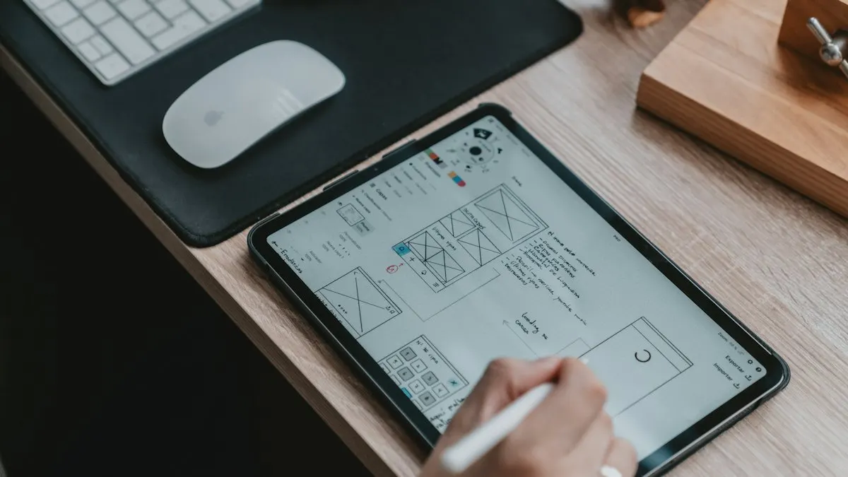 Designer using a stylus on a tablet to sketch a website wireframe beside a keyboard