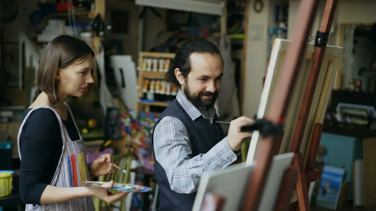 Art teacher guiding a student at an easel in a painting studio