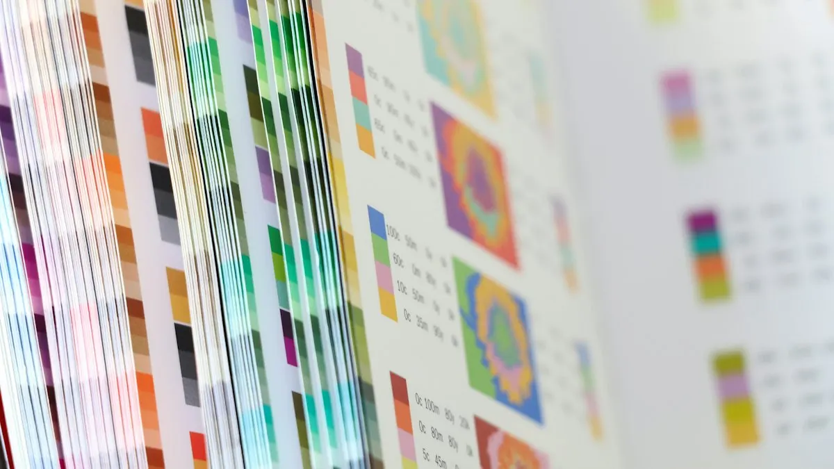 Colour swatch book and printed colour charts used to match print colours