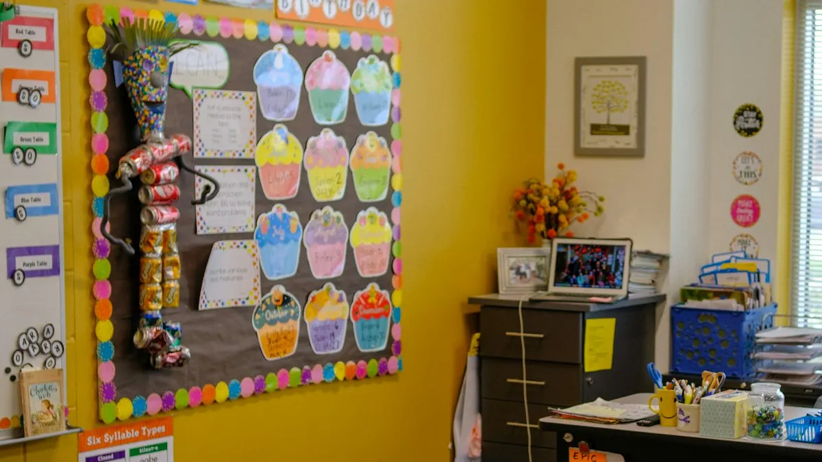 Colourful classroom bulletin board with paper cutouts and charts on a yellow wall