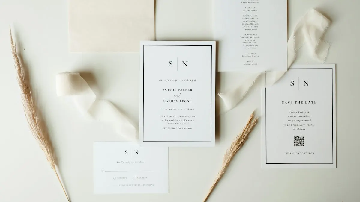 Wedding stationery suite with monogram cards, a ribbon and dried grass on a white table