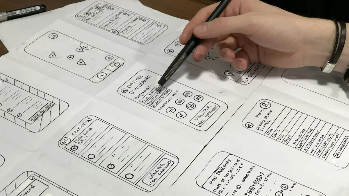 Designer sketching mobile app wireframes with a pen on printed paper screens