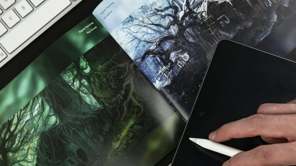 Designer sketching digital artwork on a tablet next to an open design book