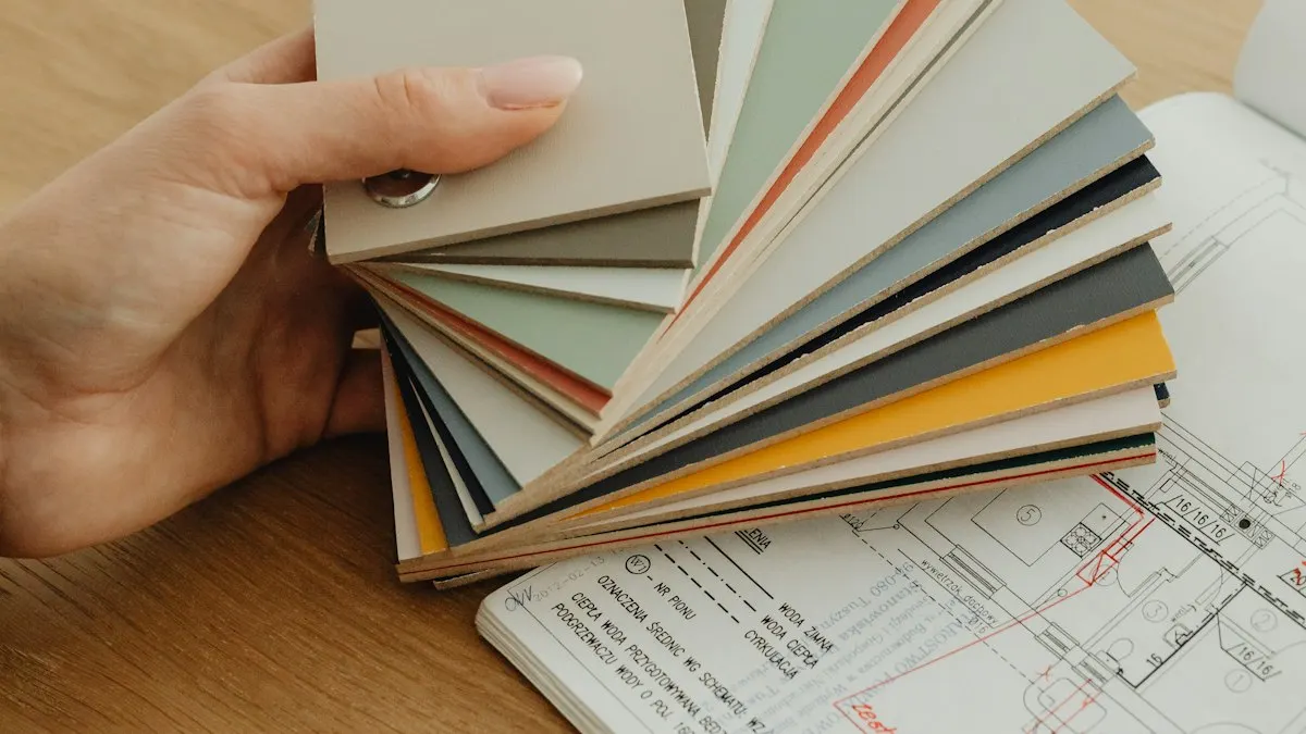 Hand holding paint and material colour swatches over printed interior floor plans