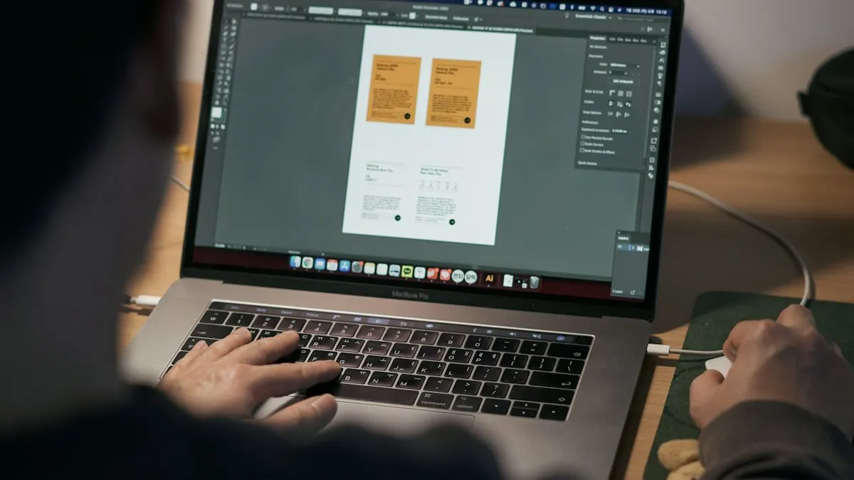 Graphic designer working on a laptop at a desk with notes and sketches