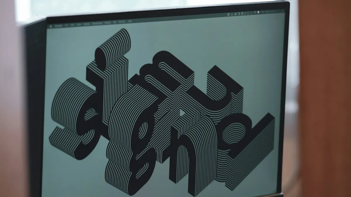 Bold 3D style typography design displayed on a computer monitor in a design studio