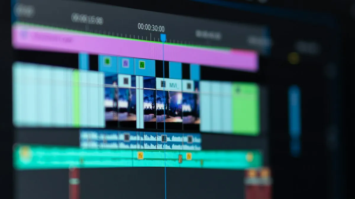 Close view of a video editing timeline with colour-coded clips and audio tracks on a monitor