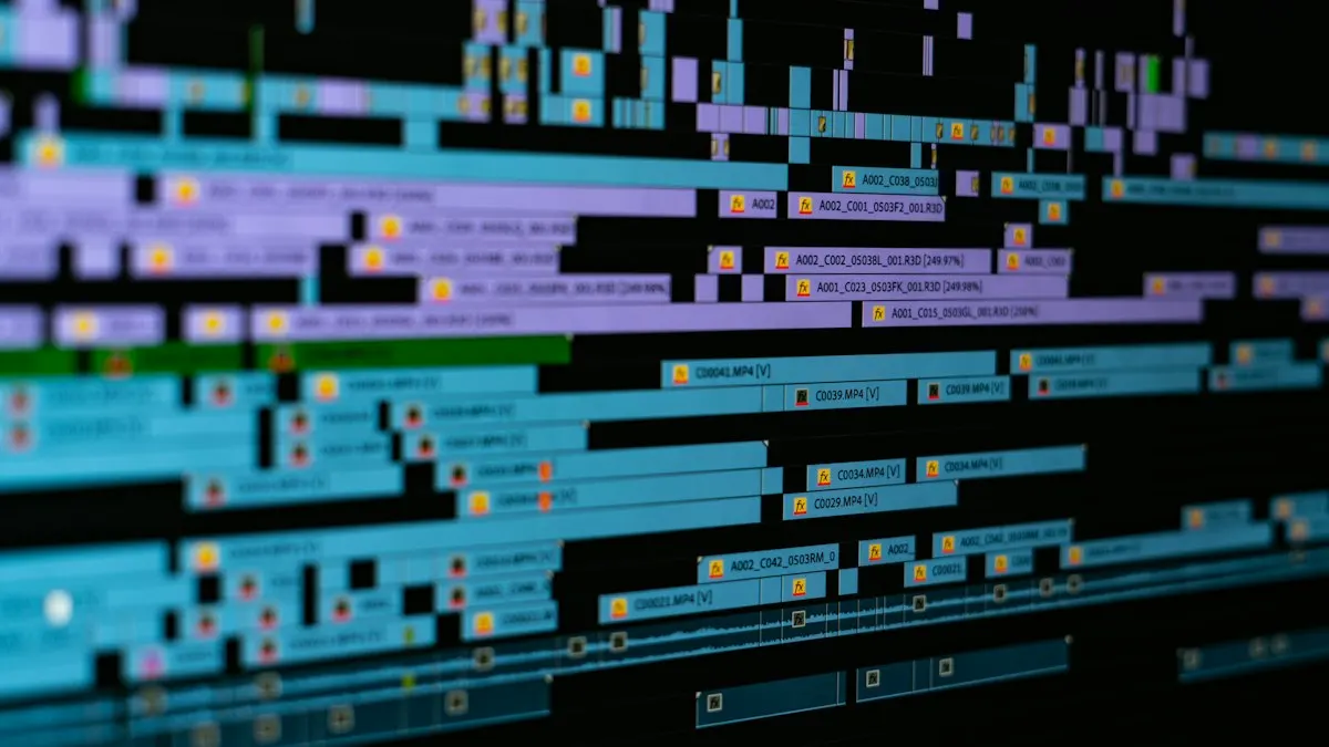 Close view of a busy video editing timeline with many clips on multiple tracks