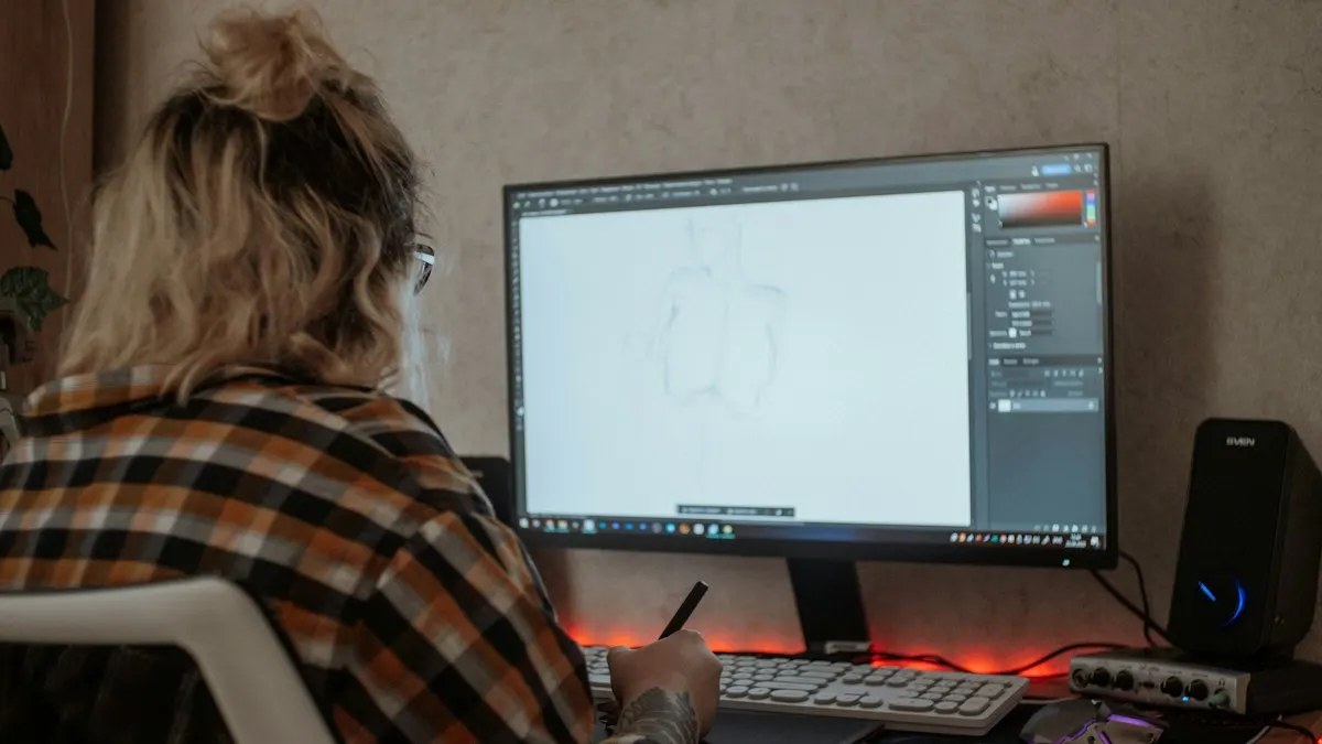 Designer drawing with a stylus while working on artwork shown on a desktop monitor