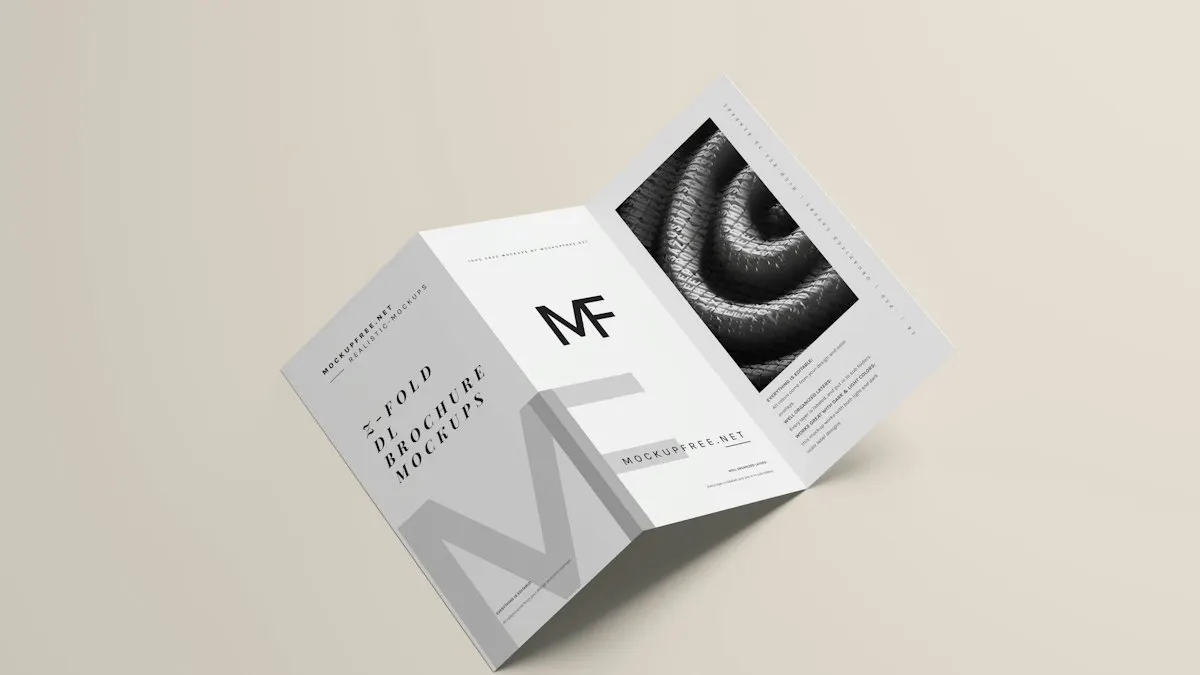 Folded trifold brochure mockup with black and white panels standing on a light surface