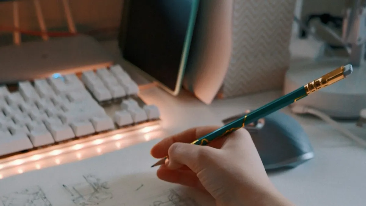 Person sketching with a pencil on paper beside a computer keyboard, moving drawings into digital design