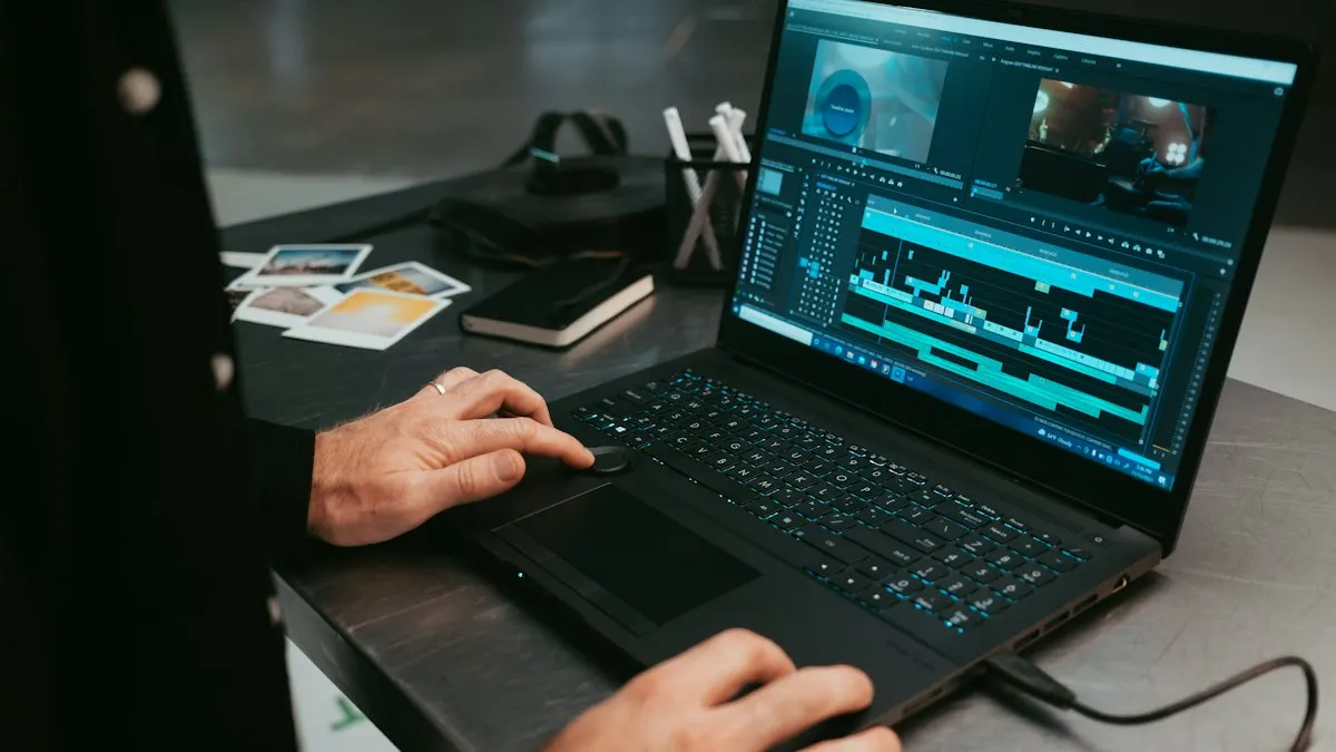 Video editor working on a laptop with an editing timeline open and a camera on the desk