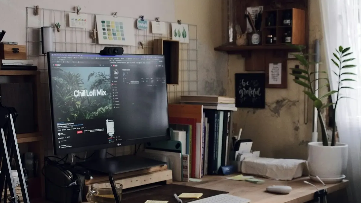 Video editing room with a large monitor, shelves and a desk lamp
