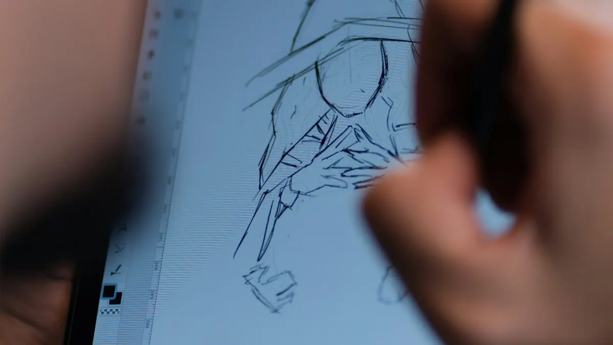Motion designer sketching a rough idea with a stylus on a tablet before animating in After Effects