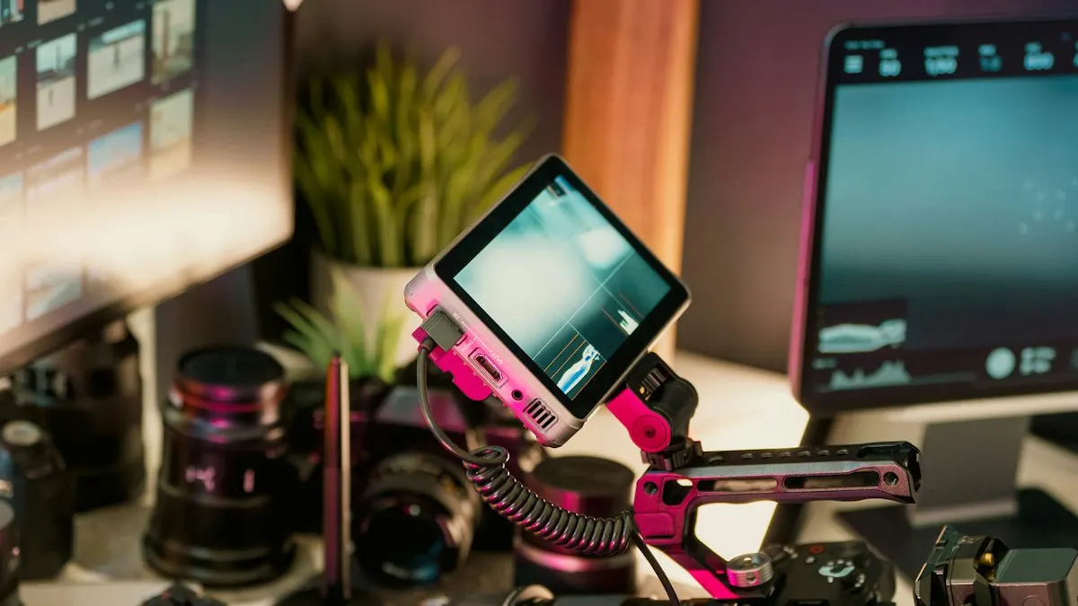 Video editor's desk with camera lenses, a small field monitor and an editing screen