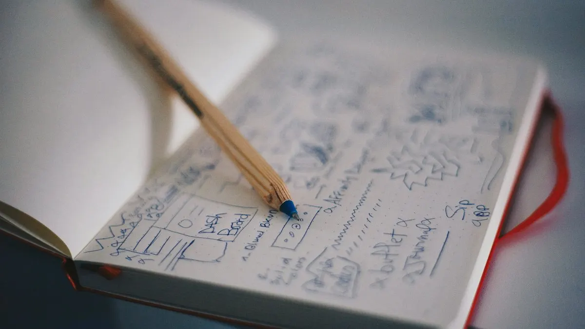 Notebook with hand-drawn sketches and notes for planning a logo animation