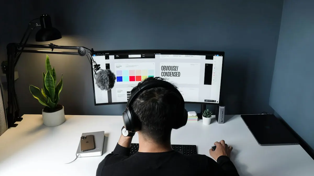 Video editor wearing headphones working at a desk with a large monitor and a microphone
